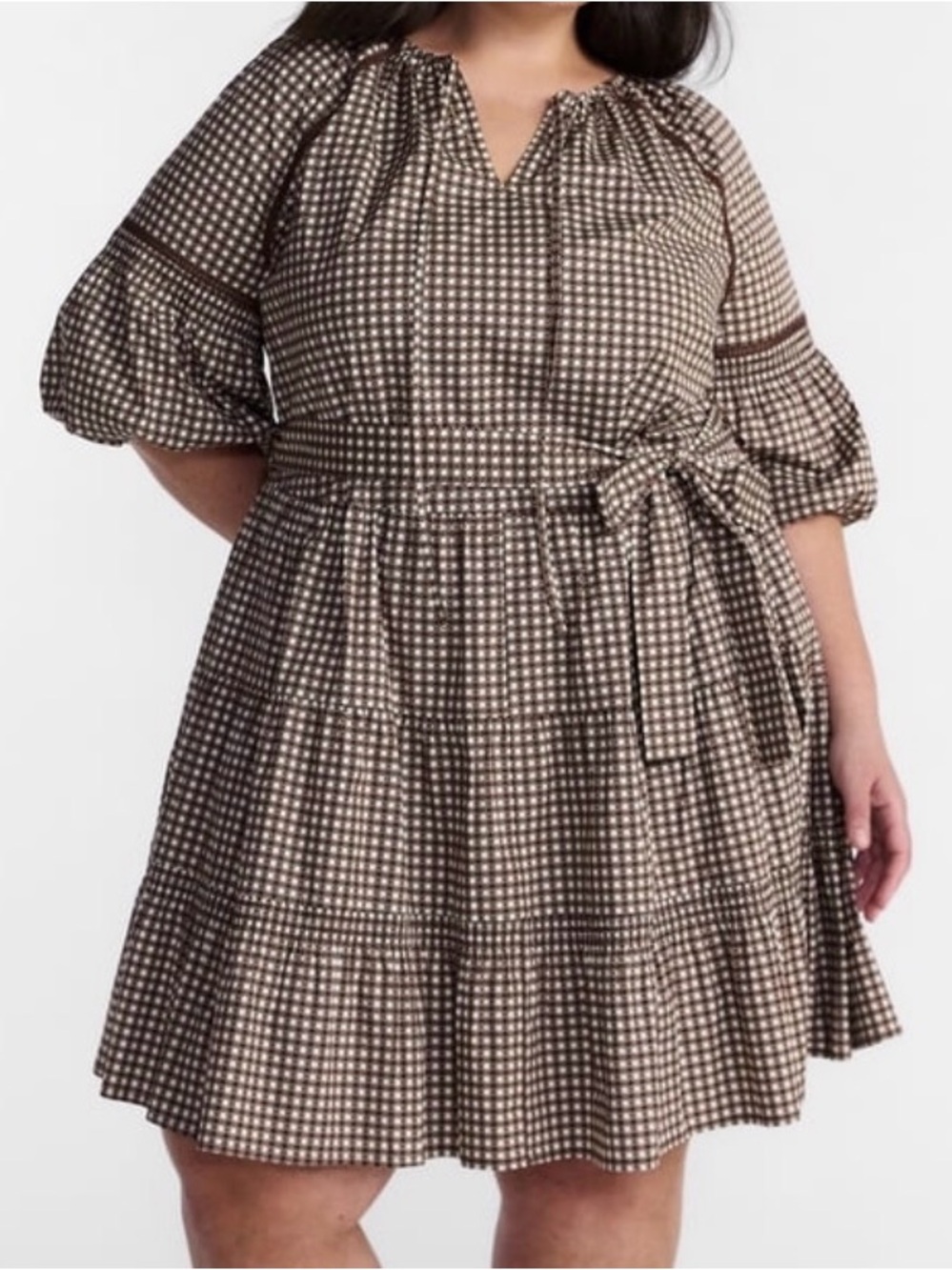 NWT- ladies 1x (16w-18w) Brown & cream mini dress with elbow length puff sleeves - Picture 7 of 7